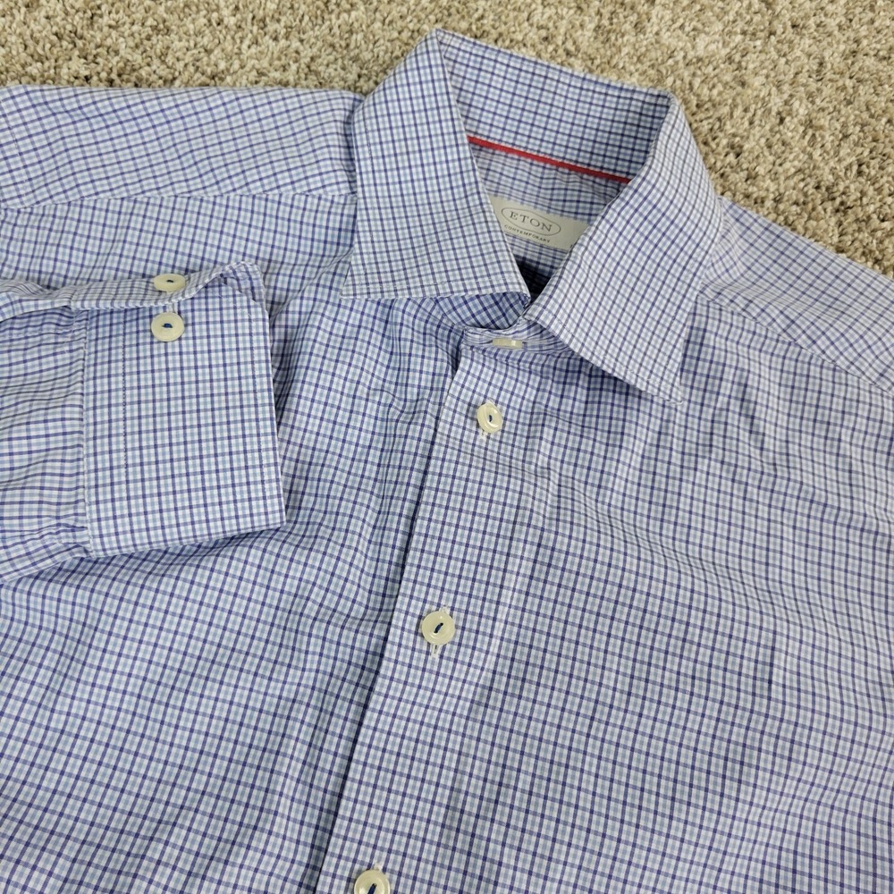 Eton‎ Mens 41-16 Blue White Plaid Button Up Long Sleeve Dress Shirt